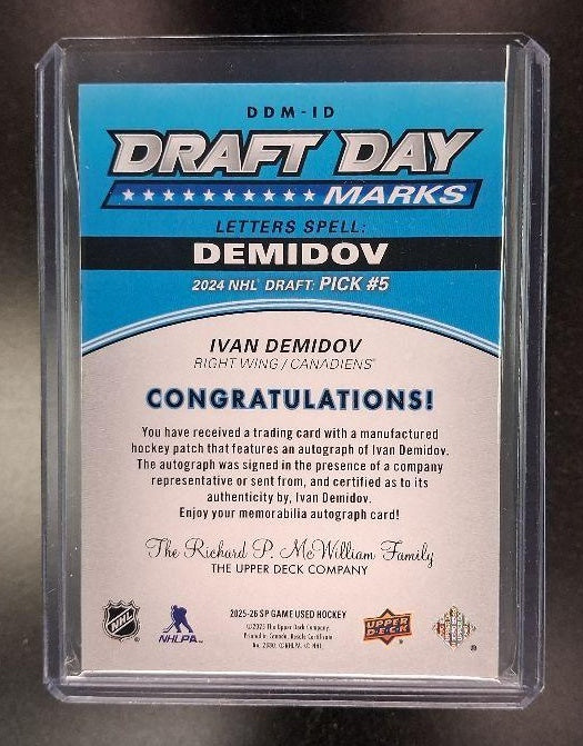 2025 SP Game Used Ivan Demidov Draft Day Marks Manufactured Letter Auto /35 MEM