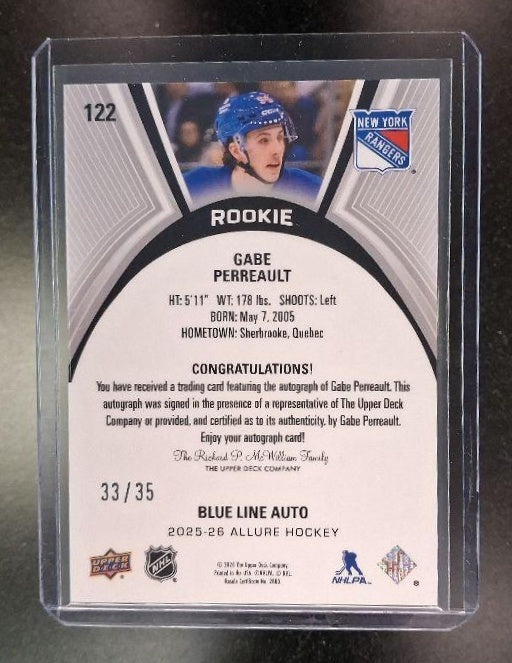 2025 Upper Deck Allure Gabe Perreault #122 Rookies Auto Blue Line /35 RC