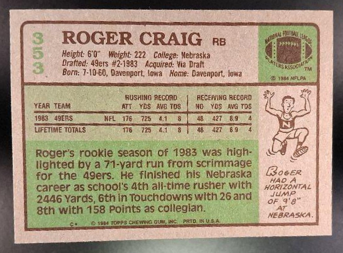 1984 Topps Roger Craig #353 RC 49ers