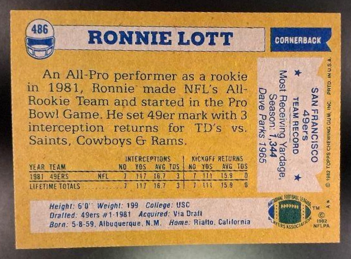 1982 Topps Ronnie Lott #486 RC 49ers