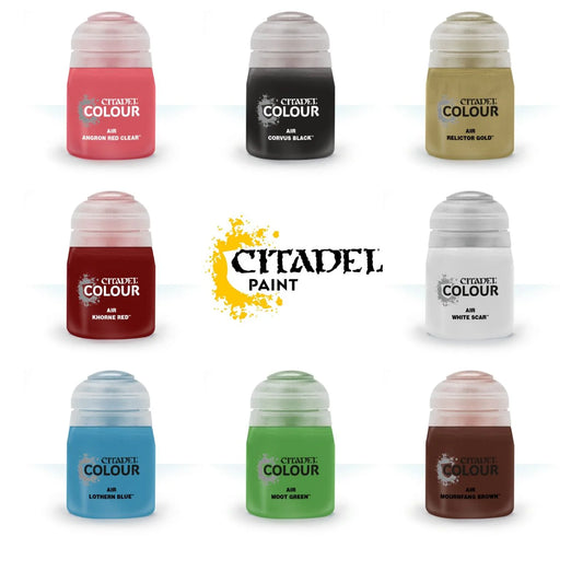 Collection of Citadel Colour air paint bottles with the Citadel logo on a white background