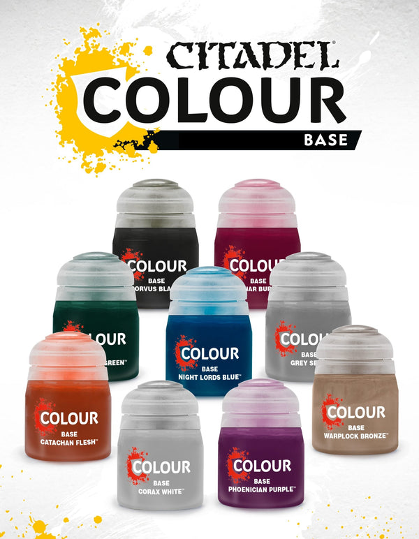 Collection of Citadel Colour base paint jars on a white background with 'Citadel Colour' branding.