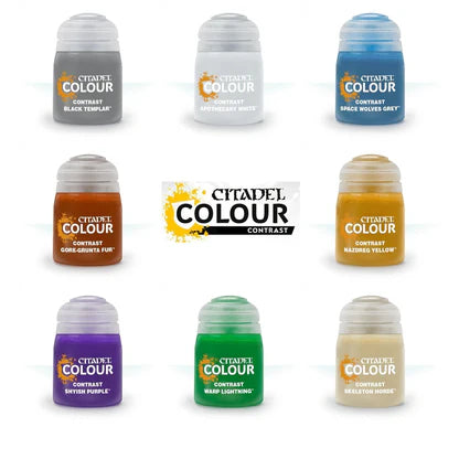 Collection of Citadel Colour contrast paint bottles on a white background