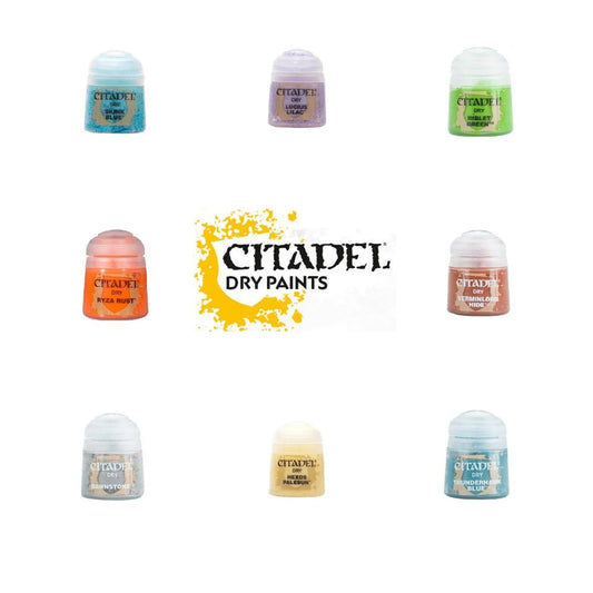 Collection of Citadel dry paint jars with the brand logo on a white background