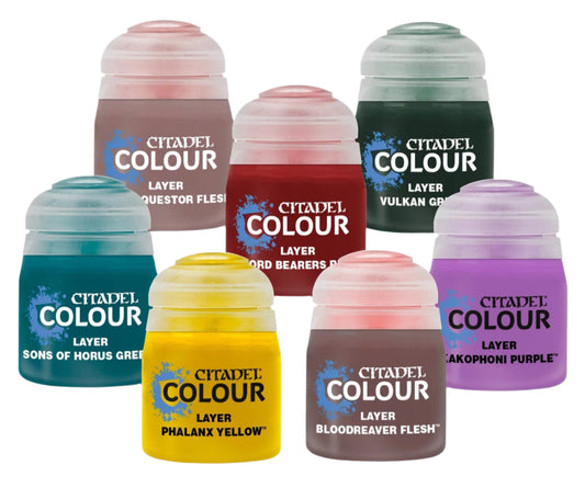 Collection of Citadel Colour layer paint jars on a white background
