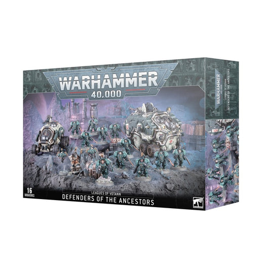 Warhammer 40,000 game box with miniature figures and vehicles on a white background