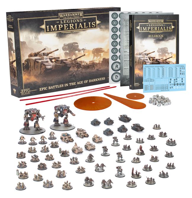 Warhammer Legions Imperialis game set with miniatures, rulesbook, and box on a white background